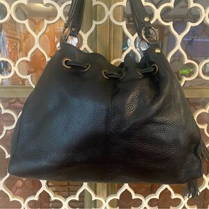 NORDSTROM Elegant Black Leather Tote Bag Double Handle Drawstring Closure (EUC)